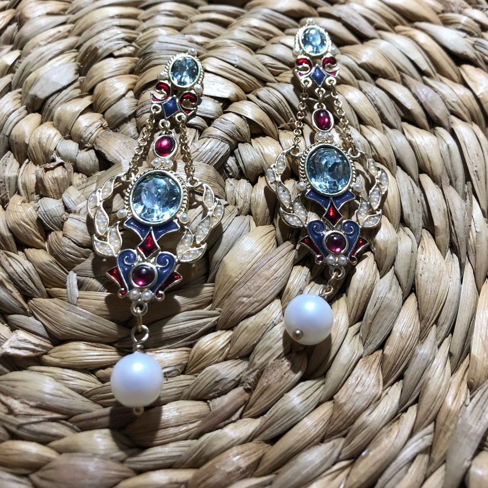 Unique Stone and Pearl Chandelier Earrings